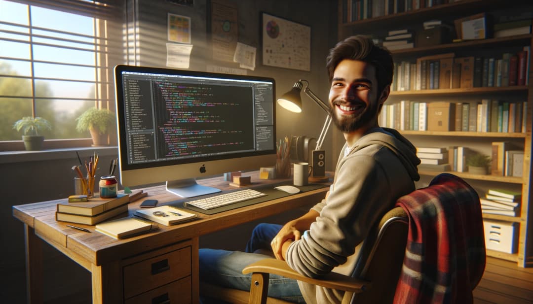 A happy developer in front of an IDE