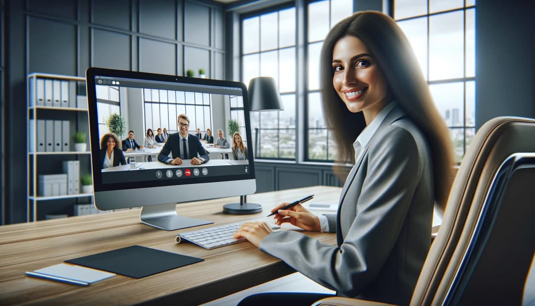 A smiling business woman attending an online meeting